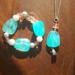 2PC Necklace & Bracelet Set/Pink/ Teal 💙 & Silver